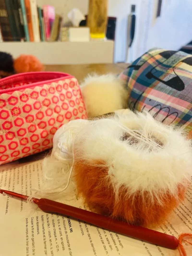 Pompons et petits accessoires de mercerie posés sur un livre